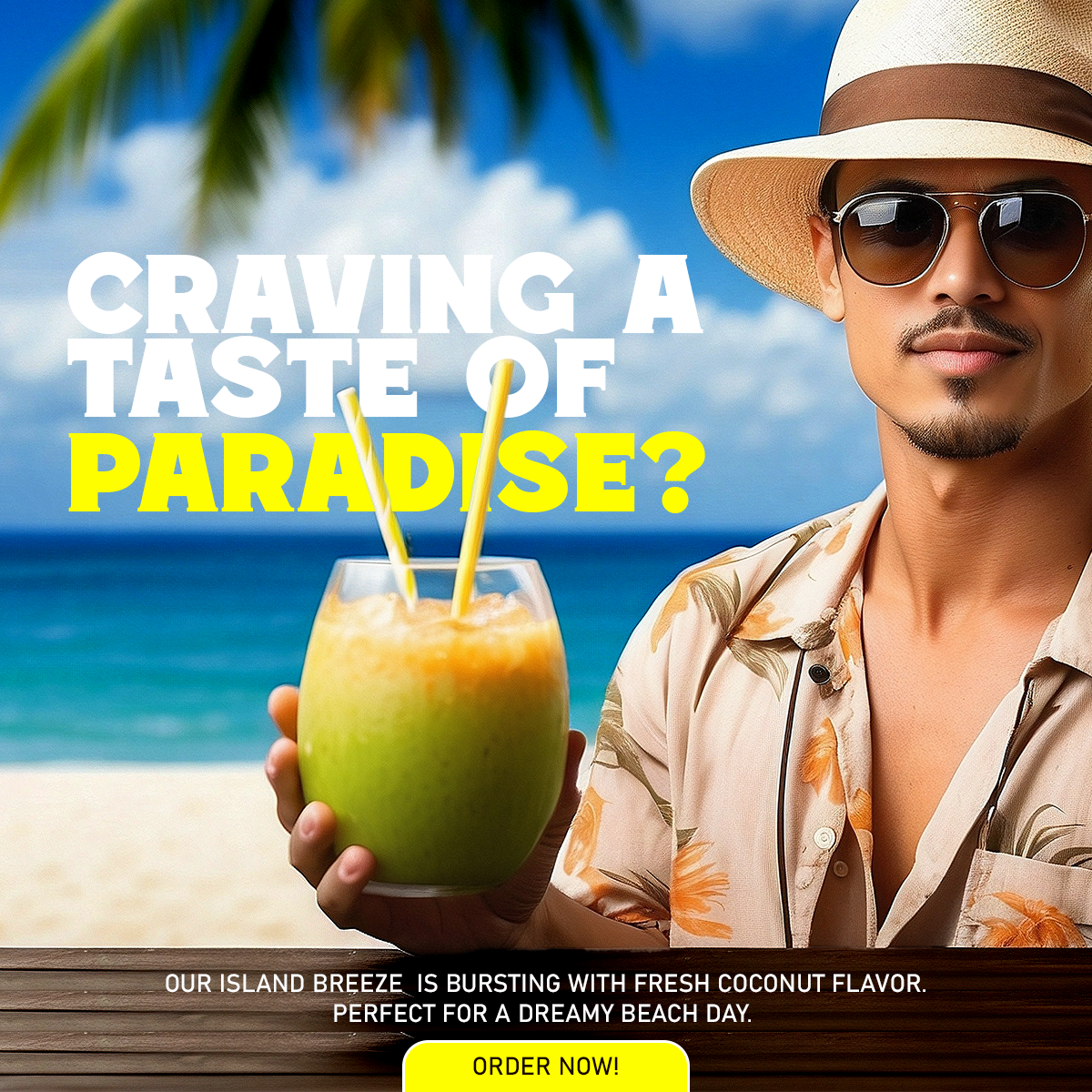 Social media post design for Island Breeze beach drink — man in tropical shirt holding coconut drink on a sunny beach with bold yellow headline craving a taste of paradise