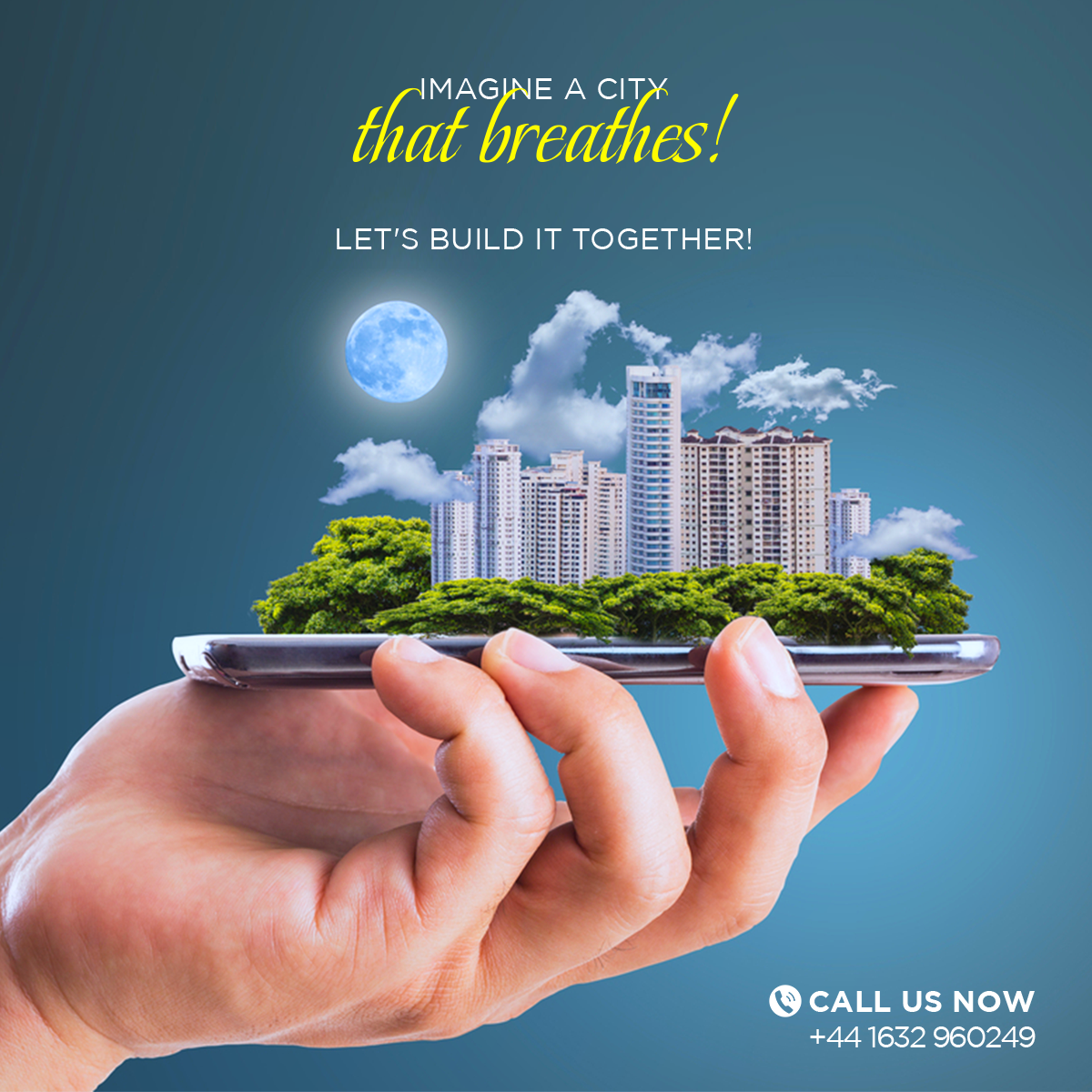 Social media post design for green city real estate — hand holding a smartphone with a sustainable miniature city growing from it under a full moon on a teal background
