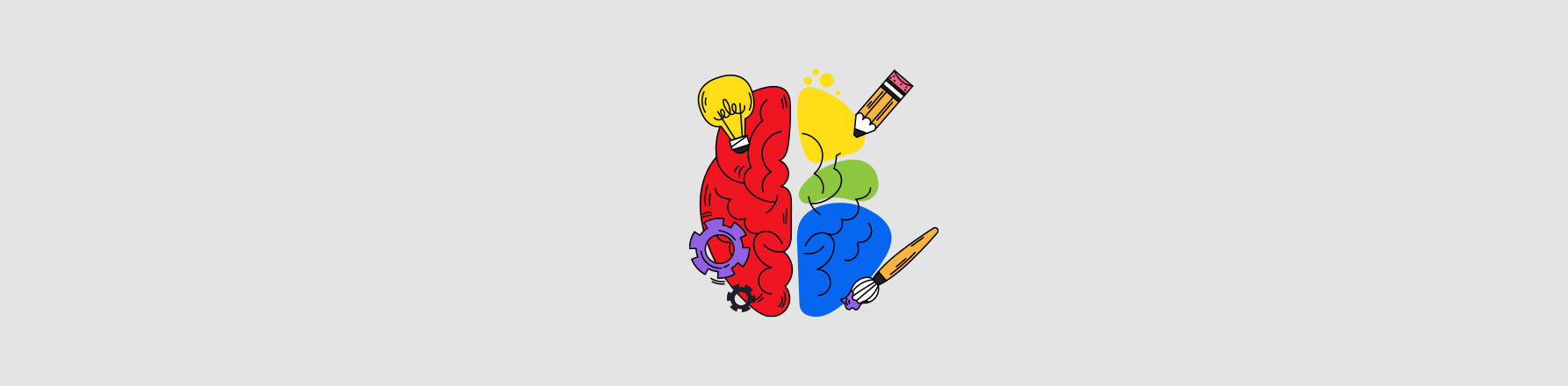 split brain illustration with red logical side and colourful creative side showing color psychology in logo design