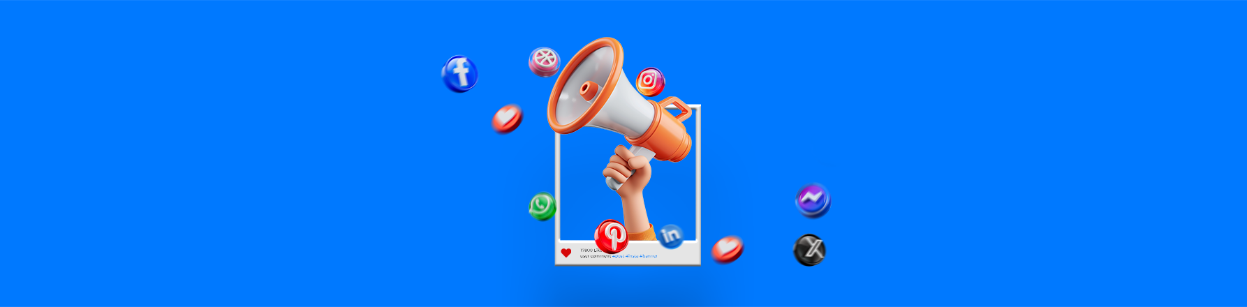 hand holding megaphone through social media frame with Facebook Instagram LinkedIn icons representing content marketing strategy 2026