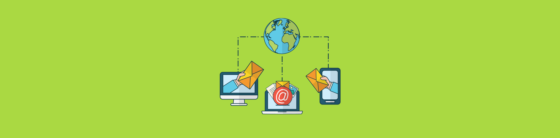 email marketing illustration showing emails being sent across desktop laptop and mobile devices connected to a globe