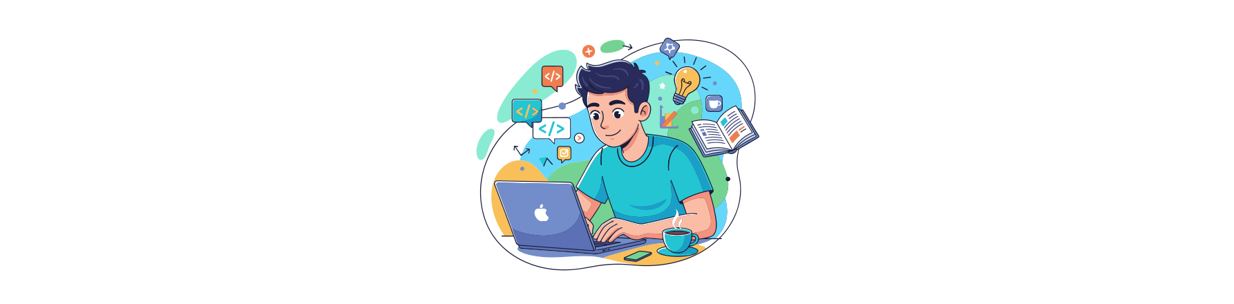 freelance graphic designer working on laptop with coding and creative icons
