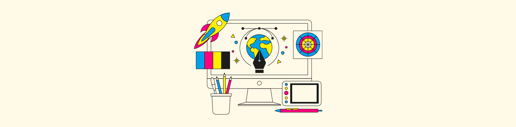 graphic design workstation illustration with CMYK colours pen tool and design equipment