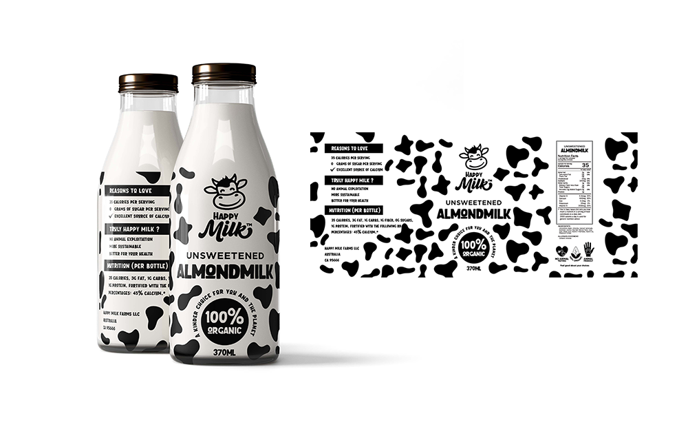 Happy Milk milk brand logo and label design — two glass bottles with classic black and white cow print Unsweetened Almondmilk label alongside full flat label artwork showing smiling cow mascot 100 percent organic badge and nutrition facts on white background