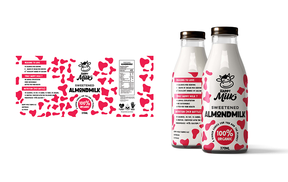 Happy Milk milk brand logo and label design — two glass bottles with pink and red cow print Sweetened Almondmilk label alongside full flat label artwork showing smiling cow mascot 100 percent organic badge and nutrition facts on white background