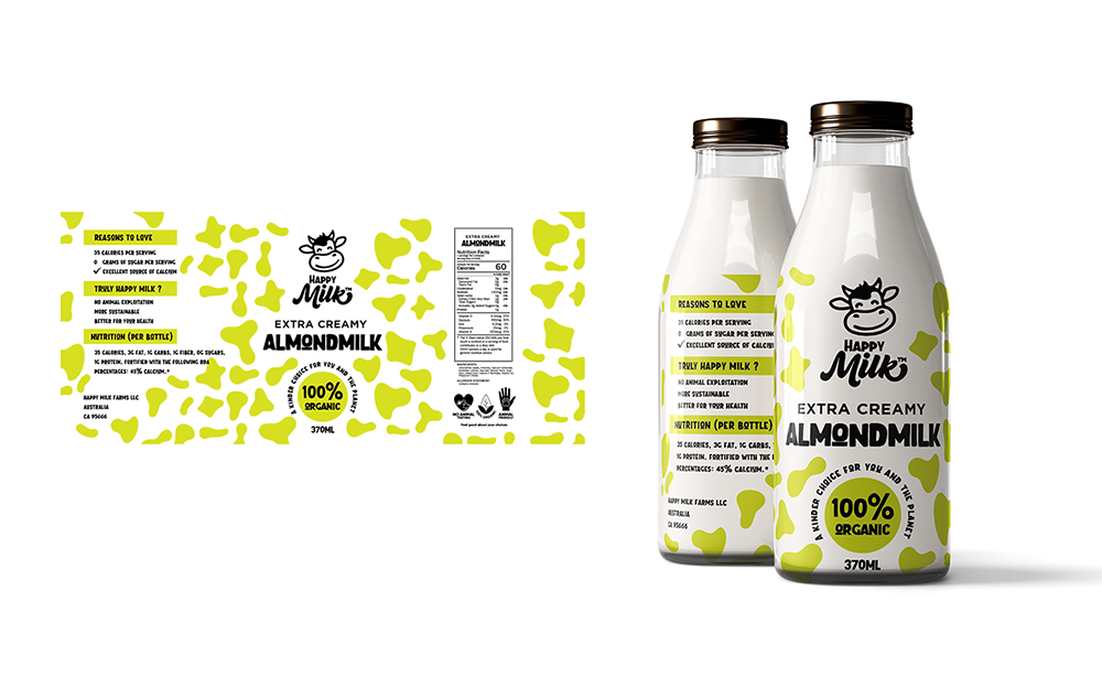Happy Milk milk brand logo and label design — two glass bottles with lime green cow print Extra Creamy Almondmilk label alongside full flat label artwork showing smiling cow mascot 100 percent organic badge and nutrition facts on white background