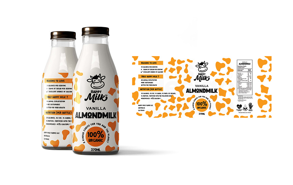 Happy Milk milk brand logo and label design — two glass bottles with warm orange and gold cow print Vanilla Almondmilk label alongside full flat label artwork showing smiling cow mascot 100 percent organic badge and nutrition facts on white background