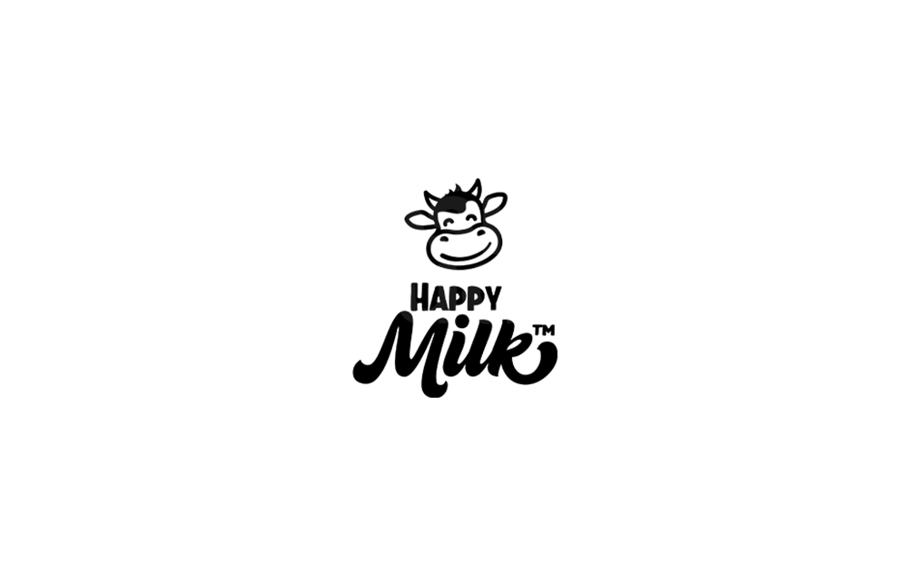 Happy Milk milk brand logo and label design — minimal black and white smiling baby cow face icon with winking expression above Happy Milk bold sans-serif and script wordmark with trademark symbol on white background