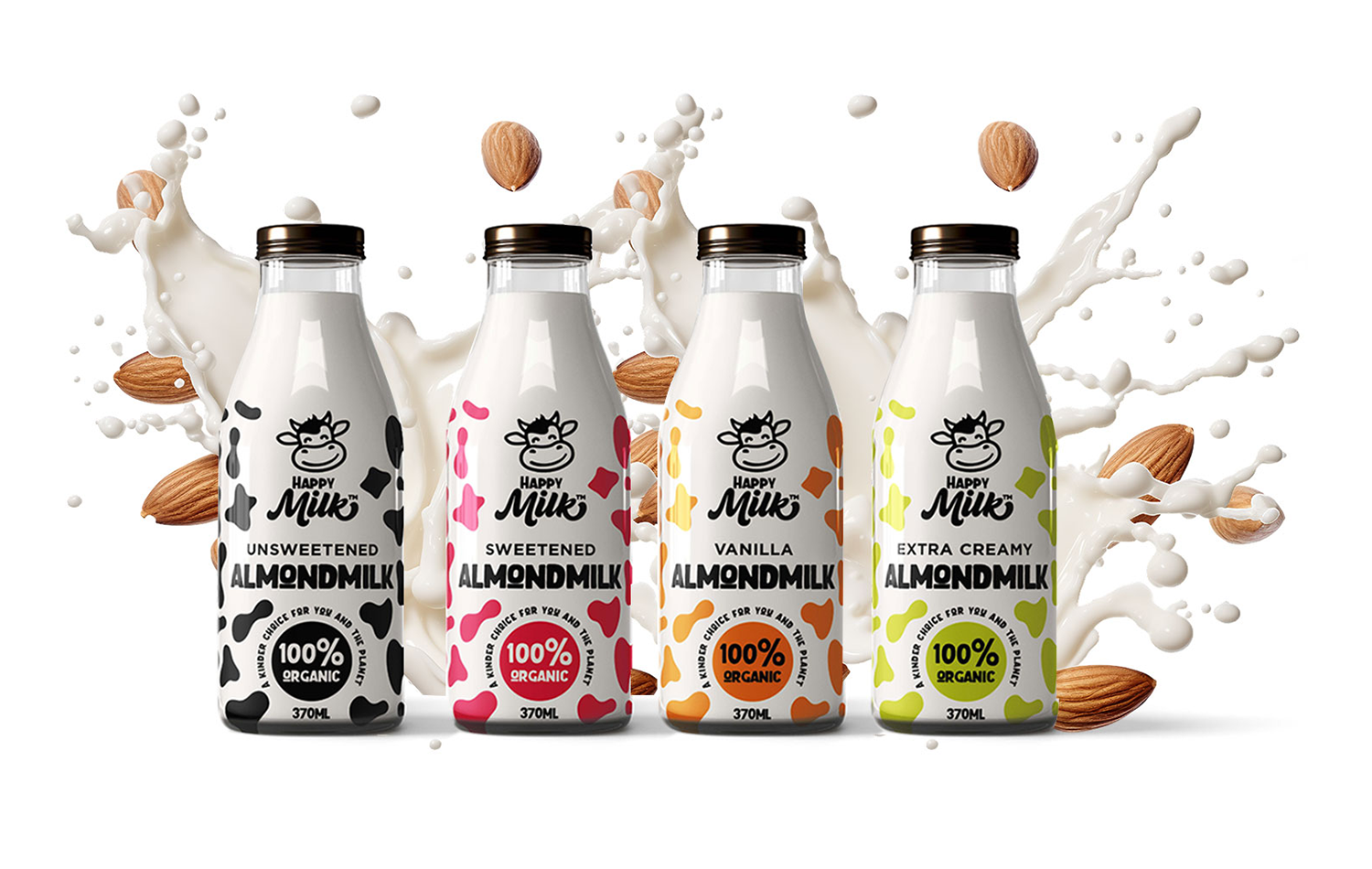 Happy Milk milk brand logo and label design — four glass bottles showing the full range in black white pink orange and lime green cow print labels for Unsweetened Sweetened Vanilla and Extra Creamy Almondmilk on white background