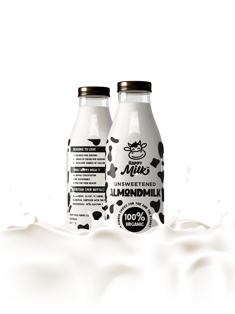 Happy Milk milk brand logo and label design — two glass bottles with black and white cow print Unsweetened Almondmilk label showing smiling cow mascot and 100 percent organic badge rising from a dramatic white milk splash on white background