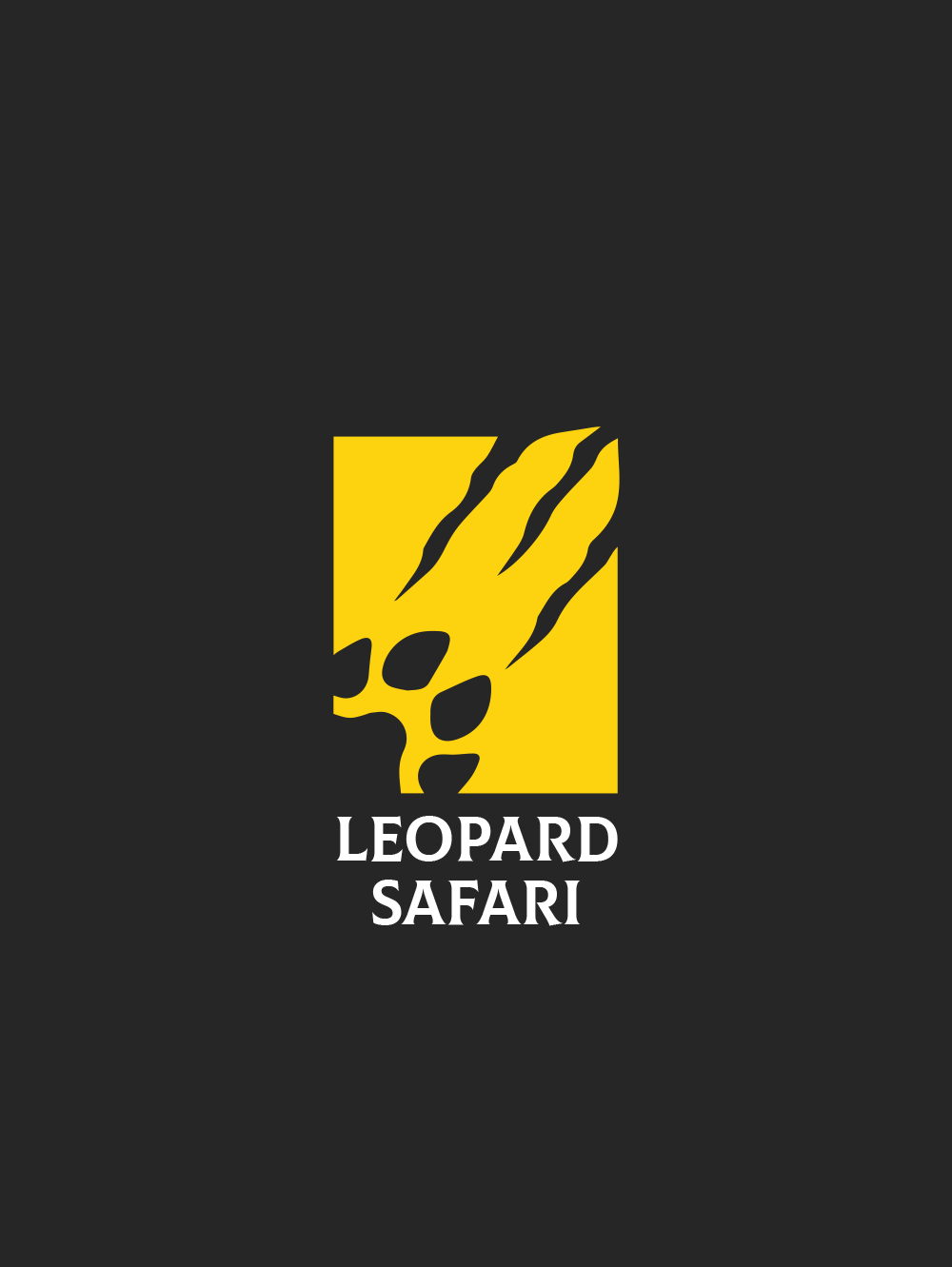 Leopard Safari safari logo design — bold yellow square icon with leopard claw scratch marks and paw print above LEOPARD SAFARI wordmark in white serif capitals on dark charcoal background