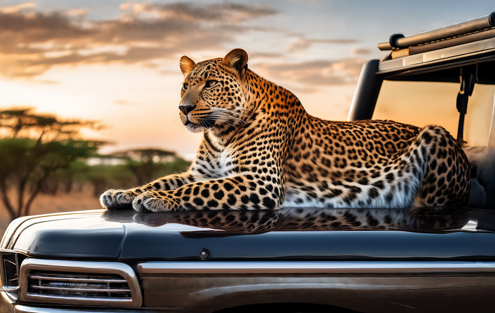 Leopard Safari safari logo design context image — a leopard resting on the bonnet of a safari jeep at golden sunset with acacia trees in the background