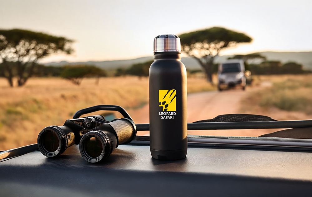 Leopard Safari safari logo design on a matte black water bottle with yellow claw paw icon and white wordmark on a safari vehicle dashboard with binoculars and dusty African road in background
