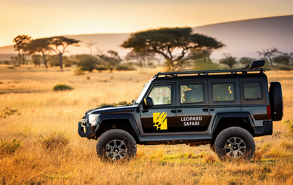 Leopard Safari safari logo design on a black enclosed safari jeep door with yellow claw paw icon and LEOPARD SAFARI wordmark parked in tall golden savannah grassland at sunset