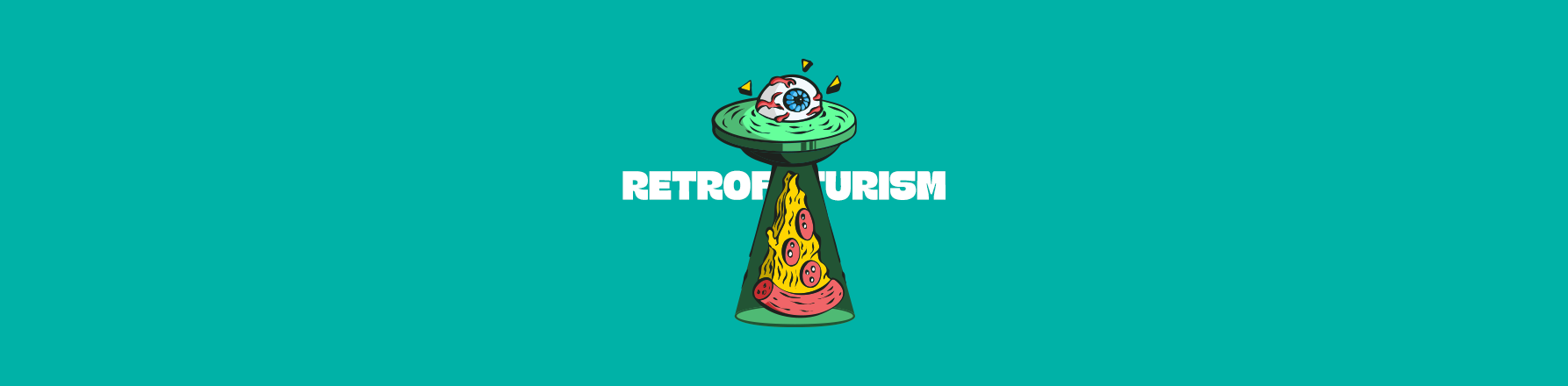 retro futurism design trend illustration with surreal alien rocket and bold typography on teal background