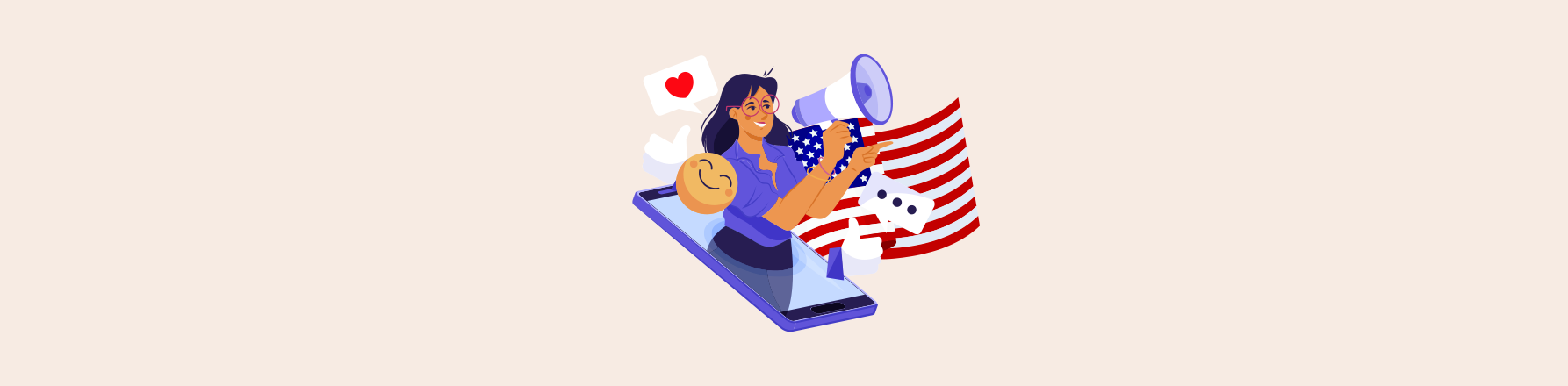 woman with megaphone and American flag emerging from smartphone screen illustrating social media marketing for US businesses 2026