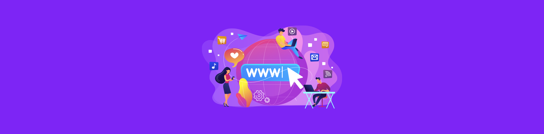 people using devices around a globe with WWW and app icons illustrating what is a progressive web app
