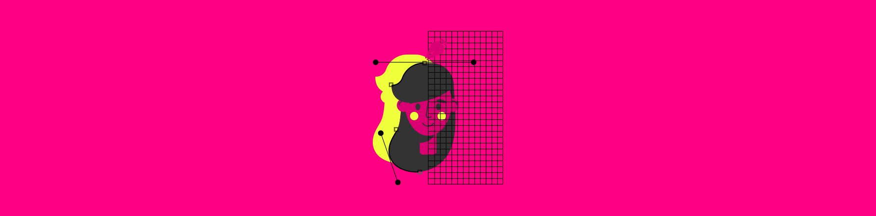 bold graphic design trends 2026 illustration with pink background geometric shapes and grid overlay