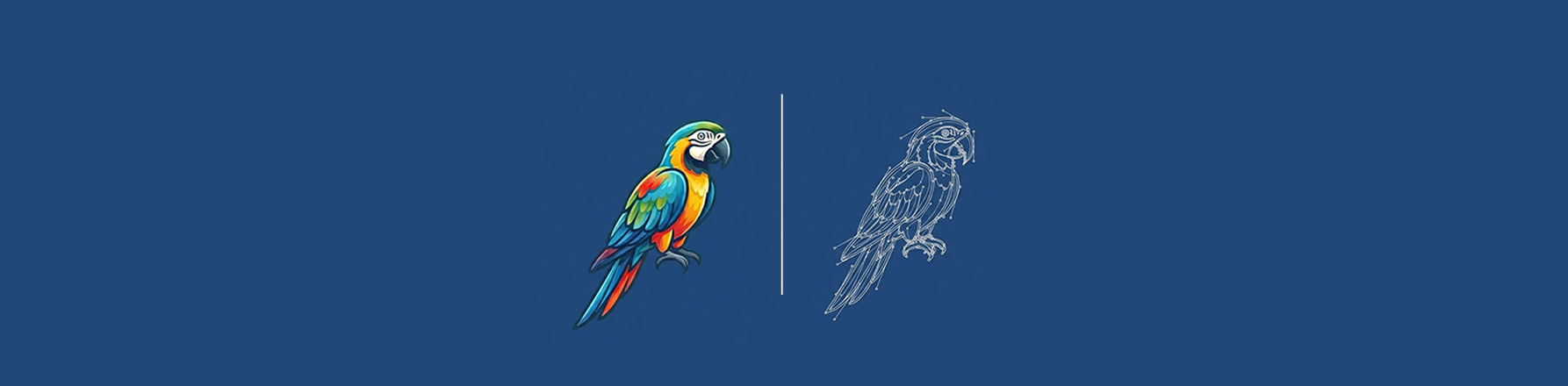 colourful parrot logo versus AI wireframe outline comparing human design and AI generated logo